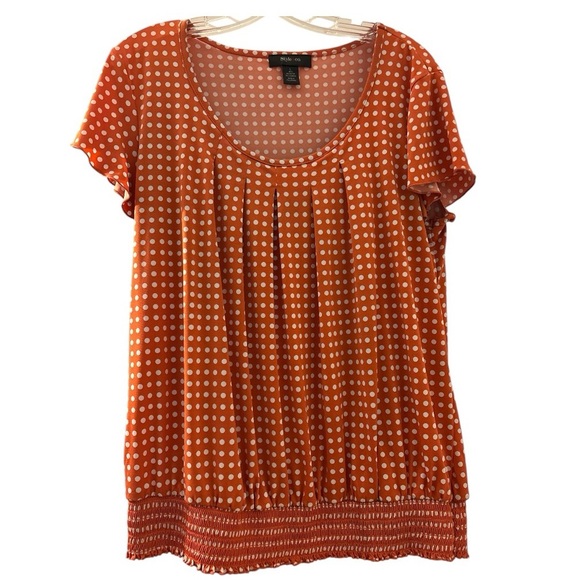 STYLE AND CO. Soft jersey fabric pullover top,size L. Orange white polka dots - Picture 1 of 4